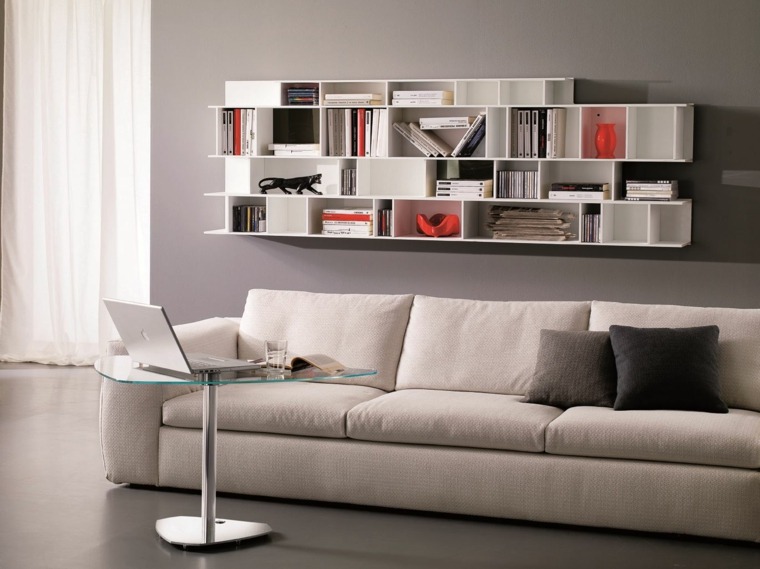 bibliothèque murale blanche design salon meuble de rangement canapé blanc table en verre