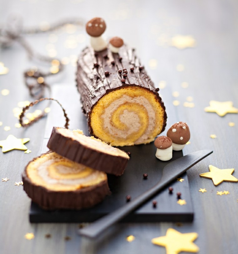 bûche de noël décoration idée chocolat étoiles champignons 