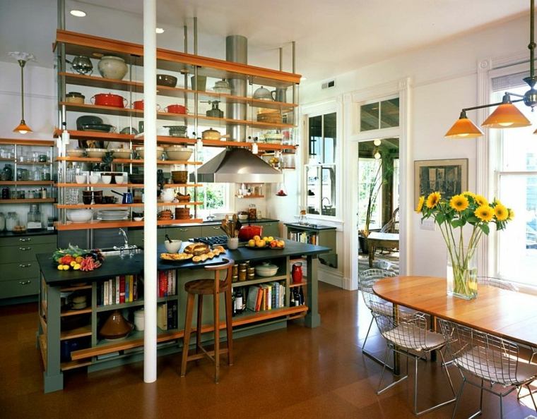 cuisines design idée aménagement étagère bois salle à manger ouverte 