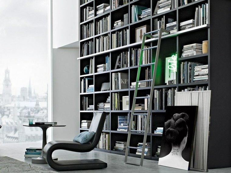 Bibliothèque moderne design fauteuil noir table basse déco mur tableau 