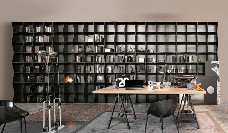 bibliothèque moderne noire design mural salon table en bois chaise tapis