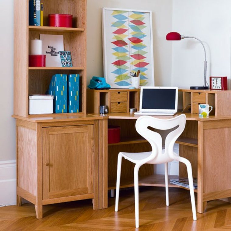meuble coin bureau d'angle en bois design tiroir affiche déco chaise design