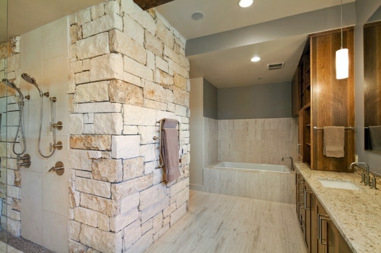 salle de bain pierre cabine de douche design parquet bois luminaire suspension