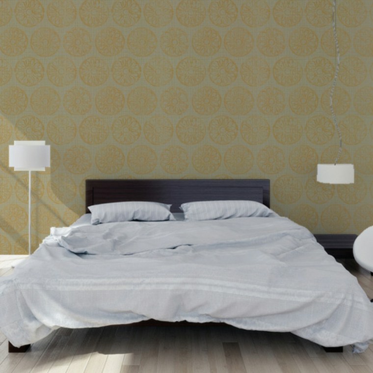 papier peint chambre à coucher idée lampe parquet bois design