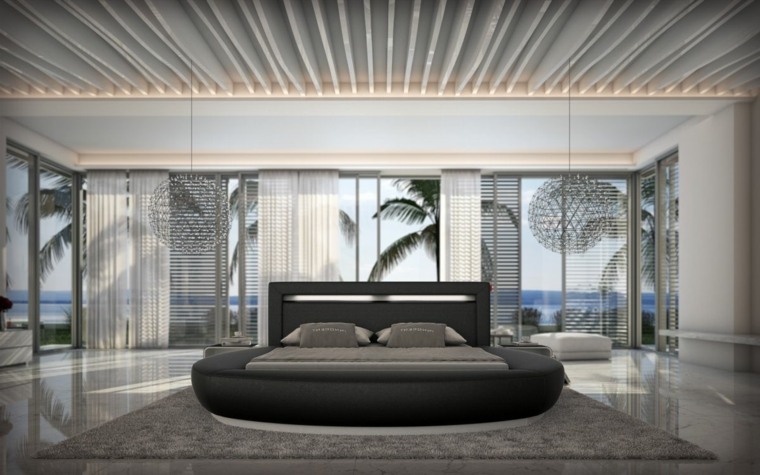 tête de lit éclairage idée tapis de sol gris rideaux faux plafond coussins gris 