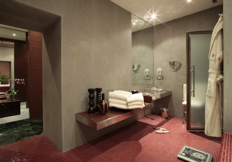 chambre avec dressing idée aménagement carrelage rouge évier cabine de douche miroir mur