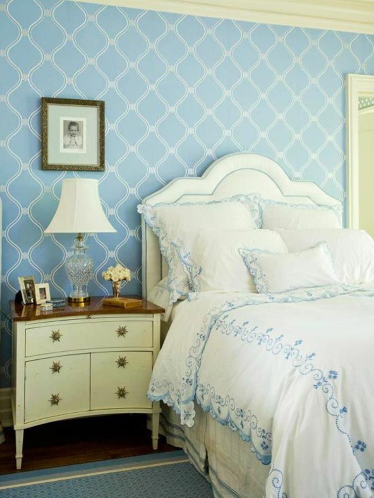 chambre vintage papier peint bleu