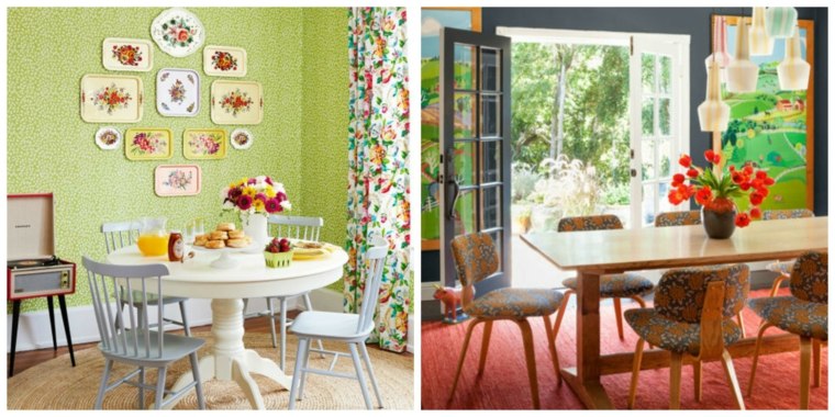 cuisine coin repas idée aménagement table en bois blanche design chaise déco mur rideaux motif florale design bouquet fleurs 