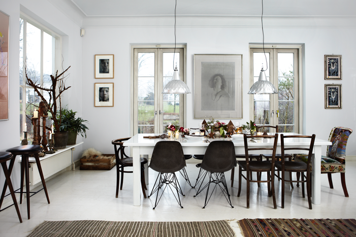 coin repas cuisine style scandinave tapis de sol déco mur plante idée table bois chaises