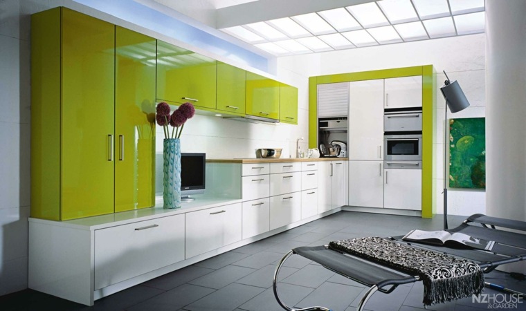 cuisine design mobilier bois laqué couleur cuisine vert blanc design