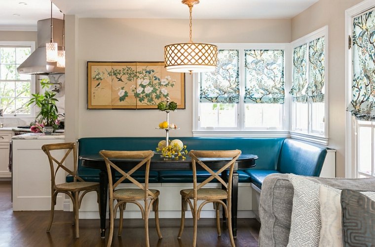 meuble angle cuisine design canapé d'angle bleu luminaire suspension mur déco affiche