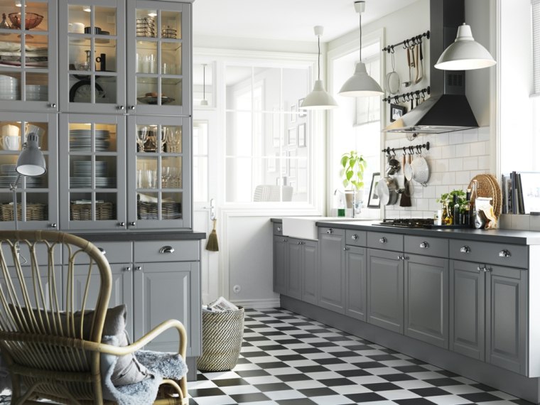 carrelage cuisine noir et blanc design idée mobilier gris bois déco moderne luminaire suspension
