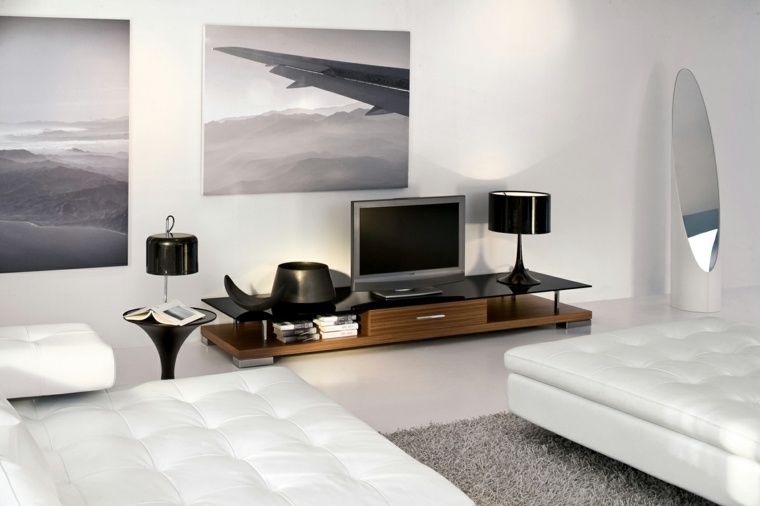 déco salon mur cadre table en bois pouf blanc tapis de sol gris design meuble tv
