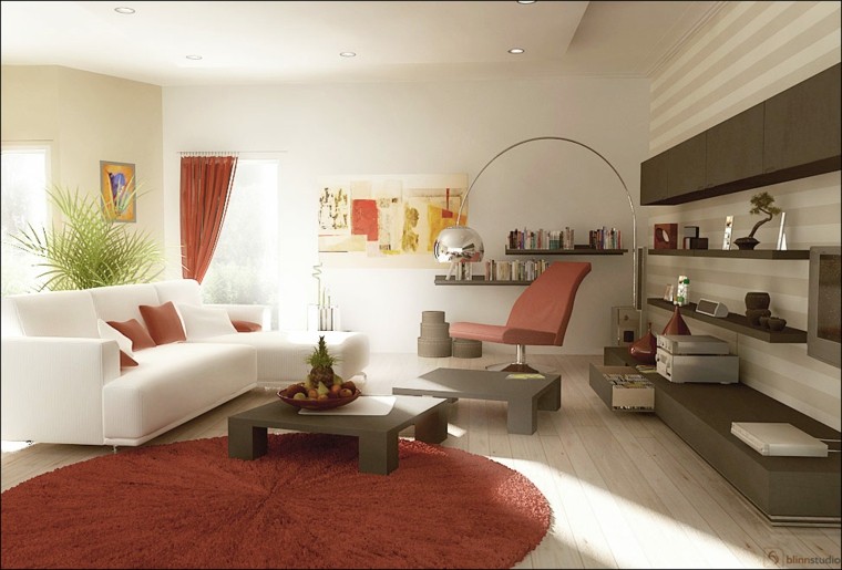déco salon moderne idée tapis de sol marsala table basse grise canapé blanc coussin meuble moderne