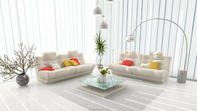 déco salon blanc coussin canapé blanc tapis de sol table basse en verre plante 