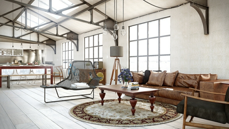 intérieur salon style industriel design canapé marron cuir tapis de sol rond table basse bois design