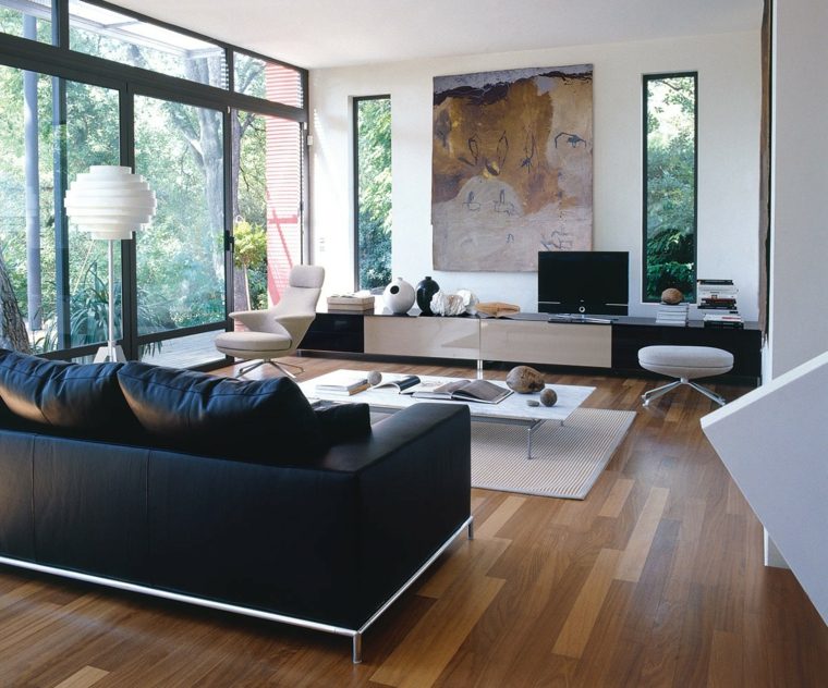 déco salon noir et blanc design canapé moderne luminaire tableau mur meuble tv