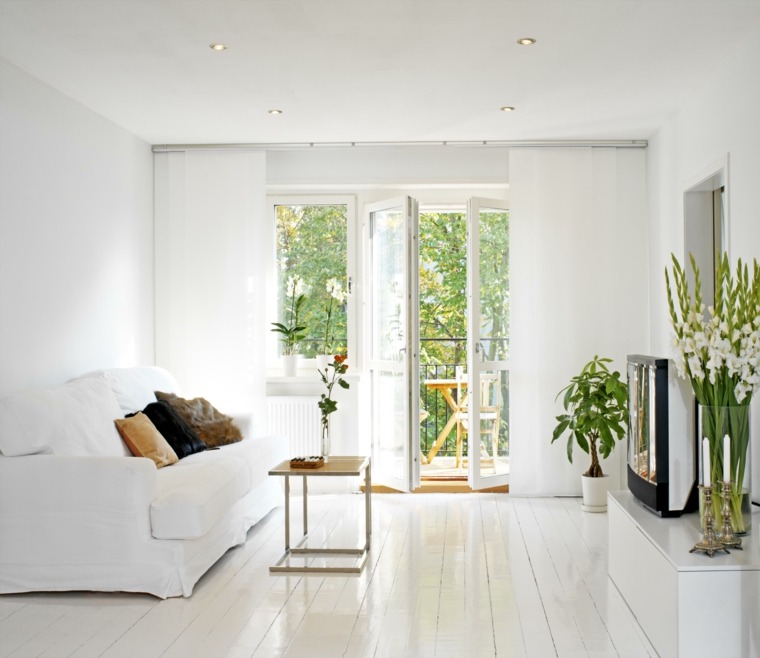 intérieur salon moderne canapé blanc coussin table basse déco plante idée parquet bois blanc