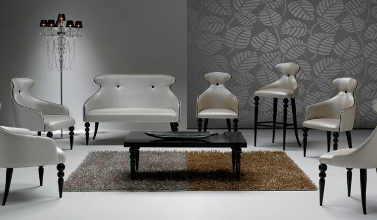 salon moderne tapis de sol gris marron design canapé blanc cuir table basse noire 