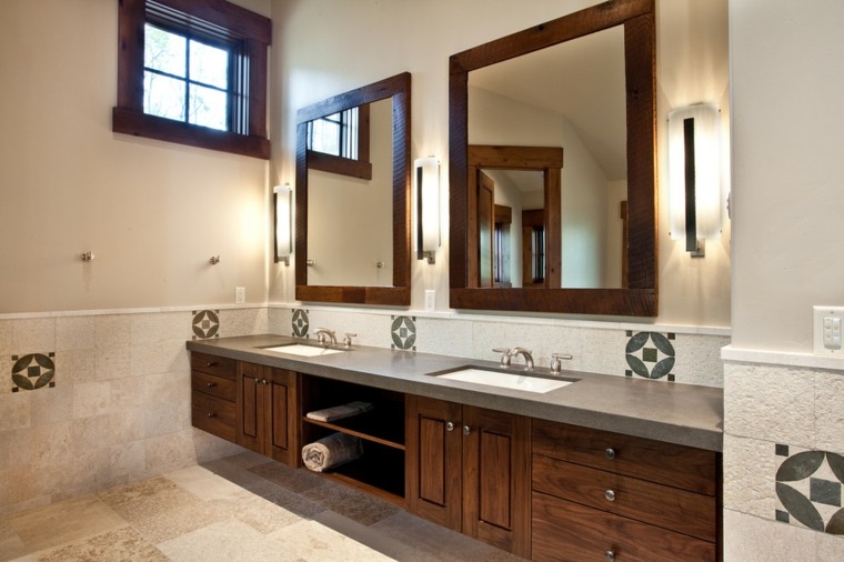 salle de bain design moderne idée miroir cadre bois pierre 