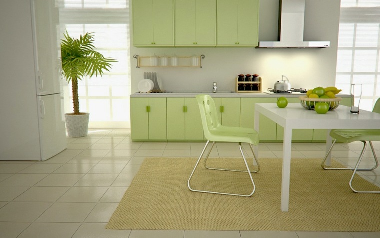 cuisine design idée mobilier bois tapis de sol beige table à manger blanche design chaise 