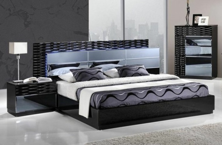 tête de lit éclairage intégré idée tapis de sol gris chambre à coucher meuble noir 