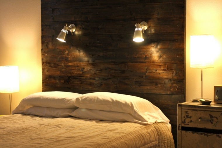 chambre à coucher éclairage idée aménagement meuble bois lit coussins idée 