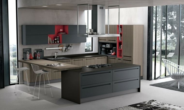 image de cuisine moderne gris rouge