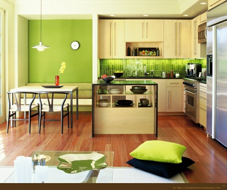 cuisine ouverte salle à manger couleur verte intérieur moderne appartement