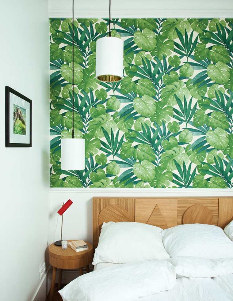 tête de lit papier peint original chambre intérieur scandinave bois design déco mur 