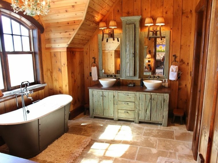 salle de bain baignoire vintage meuble bois carrelage