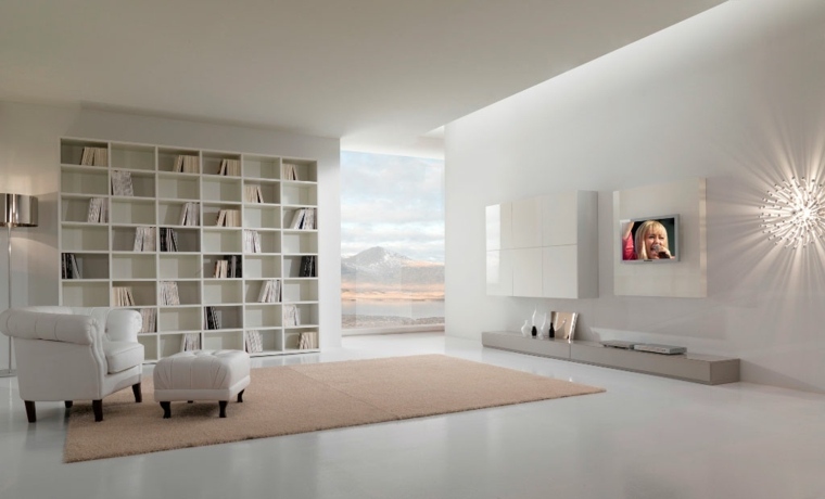 design d'intérieur salon déco tapis de sol rose bibliothèque meuble blanc laqué 