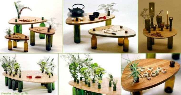 recyclage bouteille verre table en bois design plante fleurs 