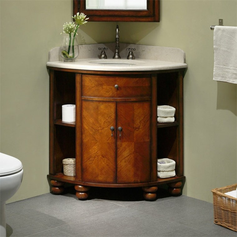 meuble de coin rangement bois idée salle de bain gain de place 