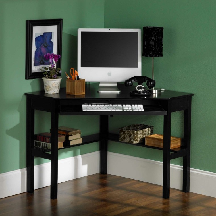 meuble coin bureau d'angle noir idée rangement chambre gain de place déco mur cadre