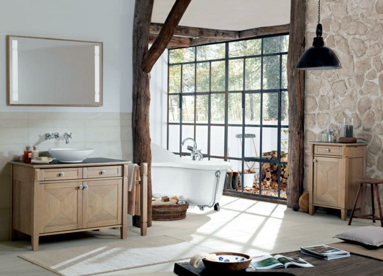 salle de bain pierre bois scandinave style miroir design luminaire suspension