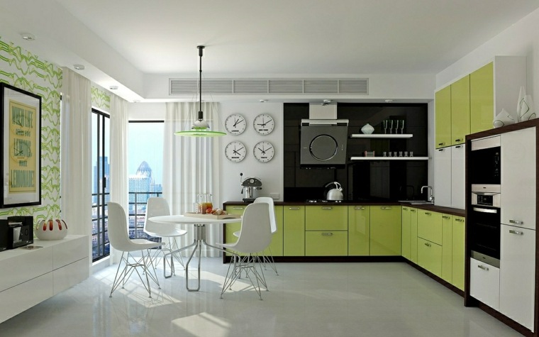 cuisine design idée aménagement mobilier vert laqué noir moderne table ronde blanche luminaire suspension déco mur cadre