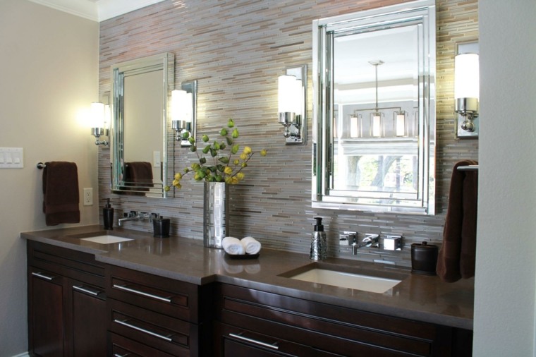 salle de bain briquette de pierre meuble en bois design miroir idée moderne déco