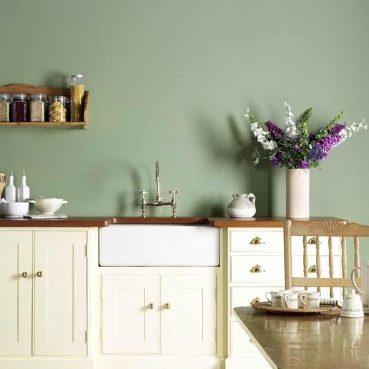 cuisine moderne intérieur aménagement idée meuble blanc bois design table en bois déco fleurs