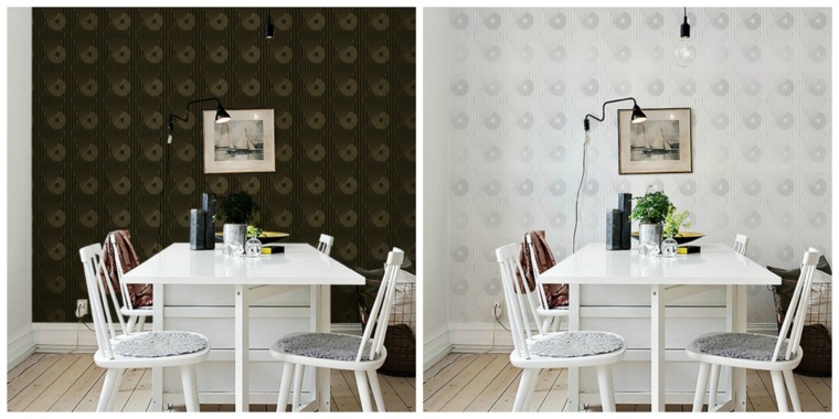 déco intérieur papier peint noir art déco design déco mur salle à manger table en bois blanche chaise