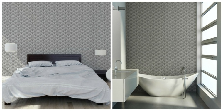 intérieur moderne idée papier peint art déco gris design chambre à coucher baignoire 