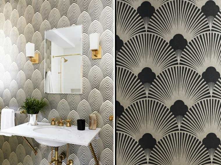papier peint art déco intérieur salle de bain marbre miroir design