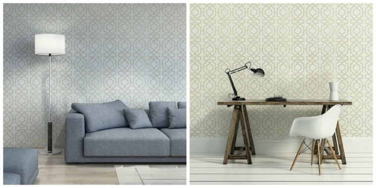 papier peint art déco bleu blanc motif géométrique salon espace de travail table en bois chaise 