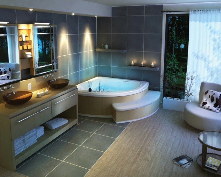 salle de bain baignoire design parquet bois fauteuil blanc coussins meuble bois 