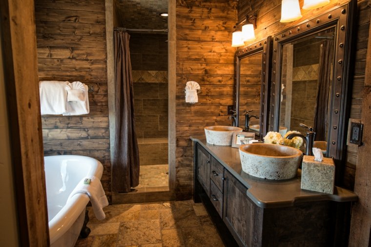 salle de bain pierre bois meuble design baignoire idée luminaire lavabo pierre plaquettes en parement
