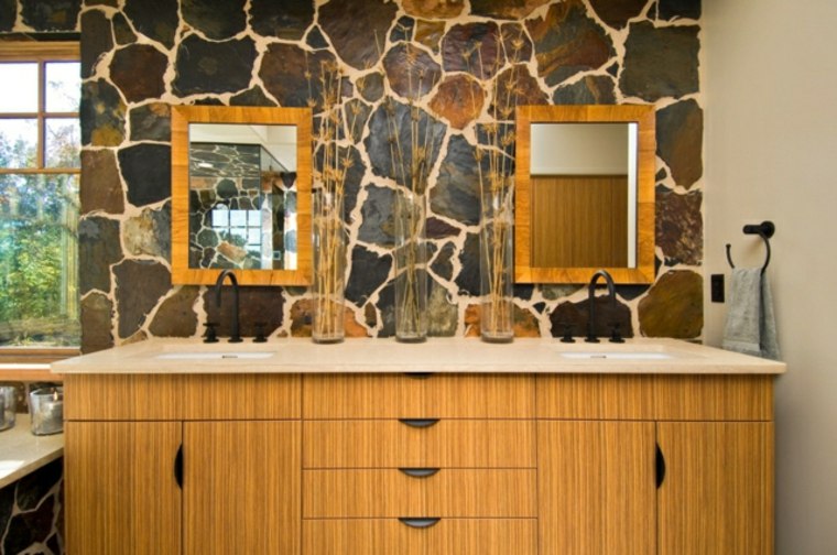 salle de bain bois pierre meuble miroir déco plante idée aménagement design