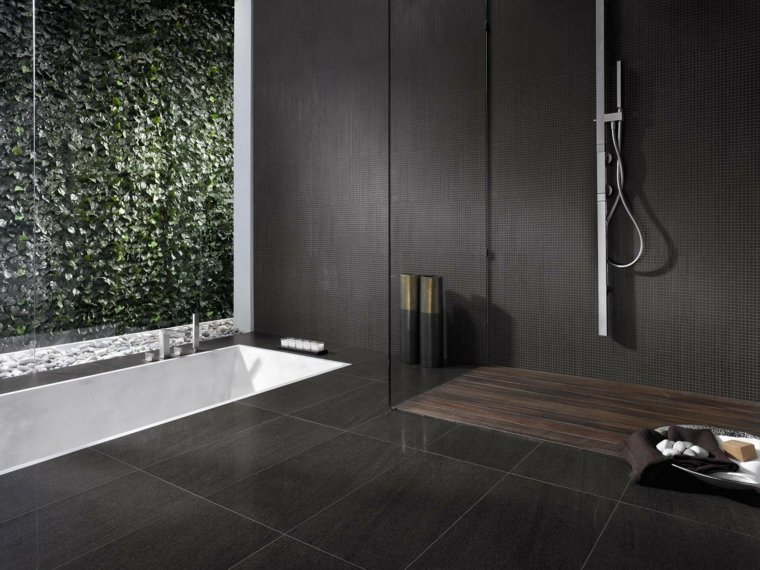 salle de bain noire cabine de douche design déco idée aménagement bois design 