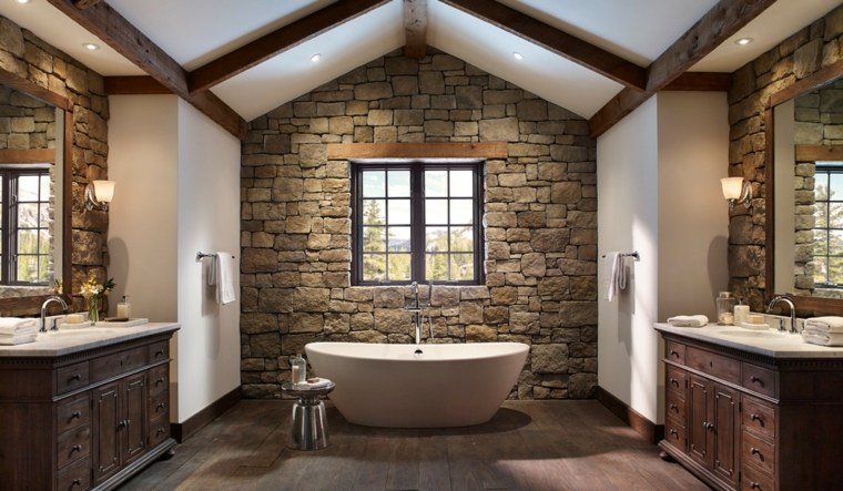 salle de bain pierre baignoire design aménagement déco moderne idée parquet bois design