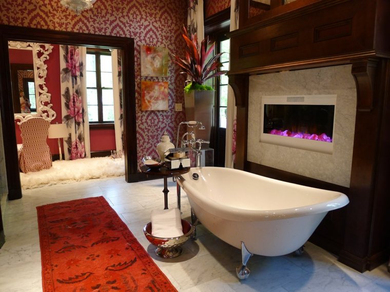 salle de bain dressng design baignoire tapis de sol rouge cheminée déco plante chambre avec dressing et salle de bain