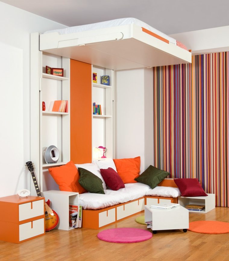 meuble de coin chambre lit design coussins canapé étagères tapis